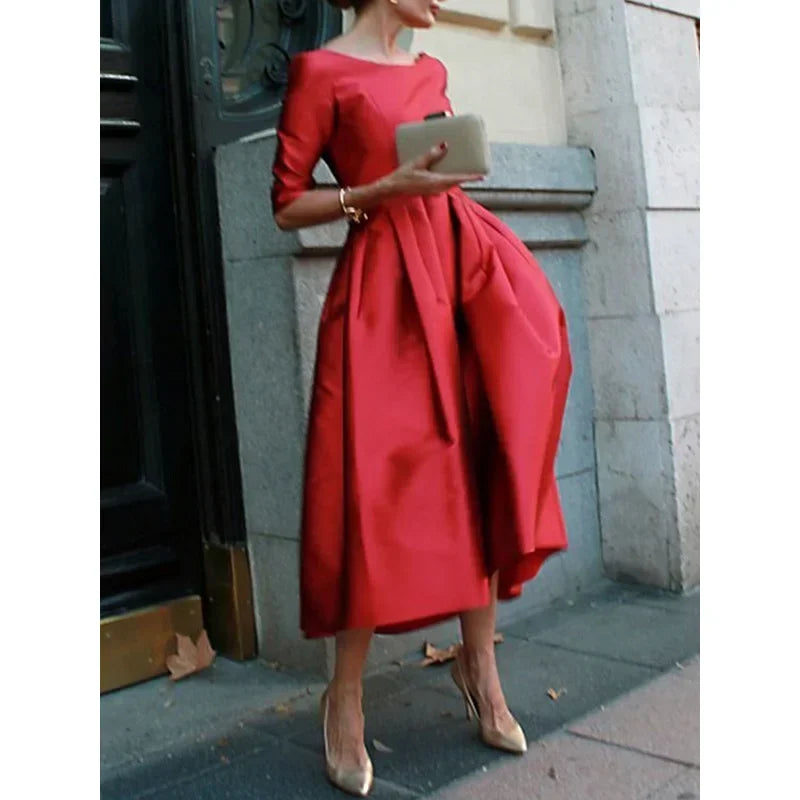 Elegant Banquet Evening Midi Dress Pleated Solid Color