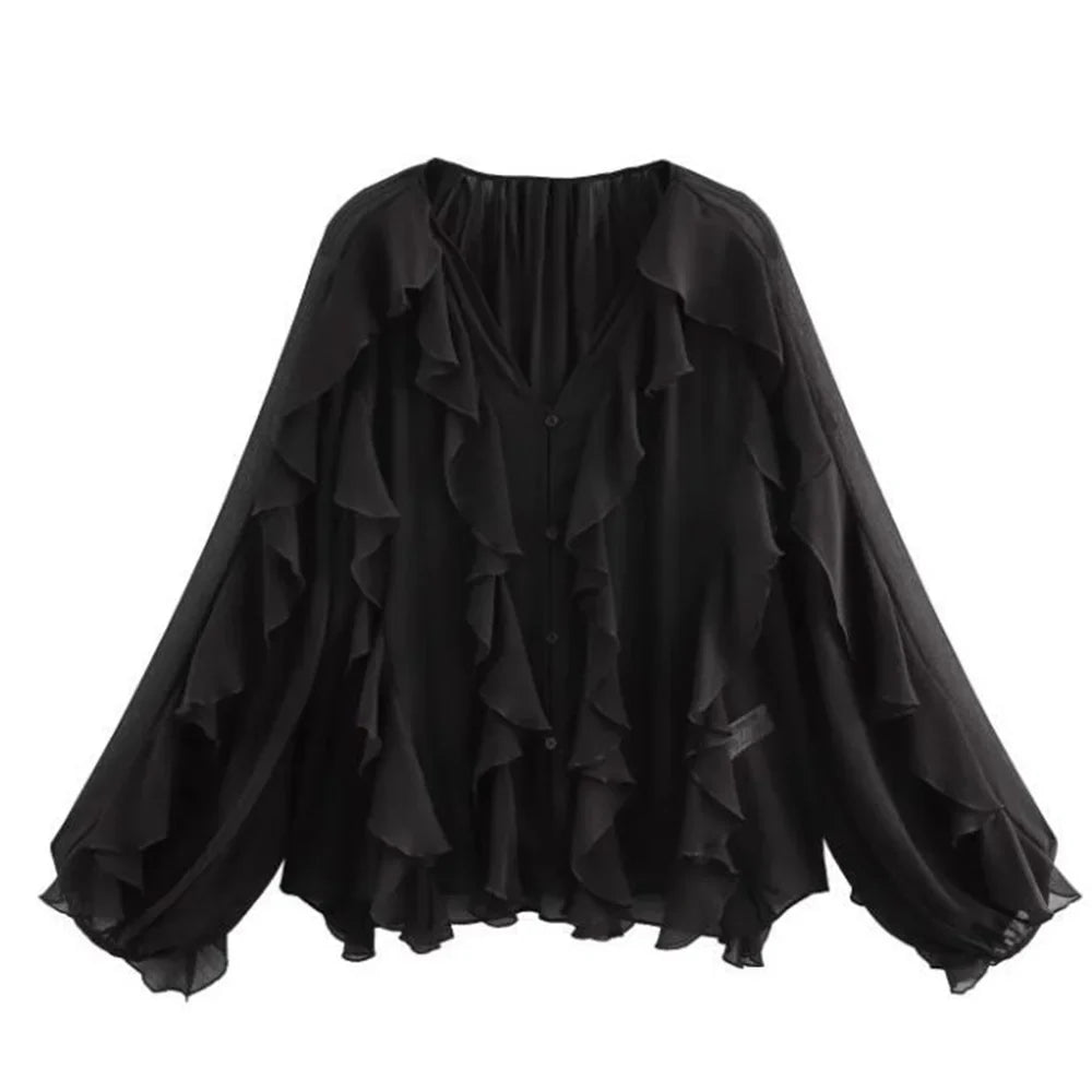 Women's Retro Loose V Neck Layered Casual Shirt Lightweight Temperament Blouse for Spring