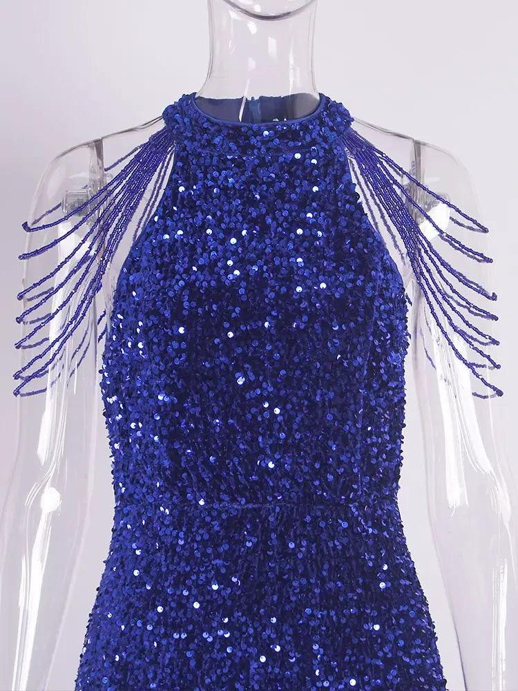 Off Shoulder Sequin Party Dress Beading Halter Neck