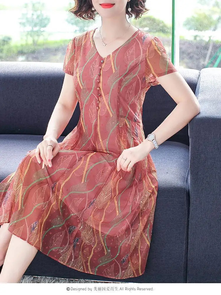 Casual V Neck Midi Dress For Women Chiffon A Line Summer