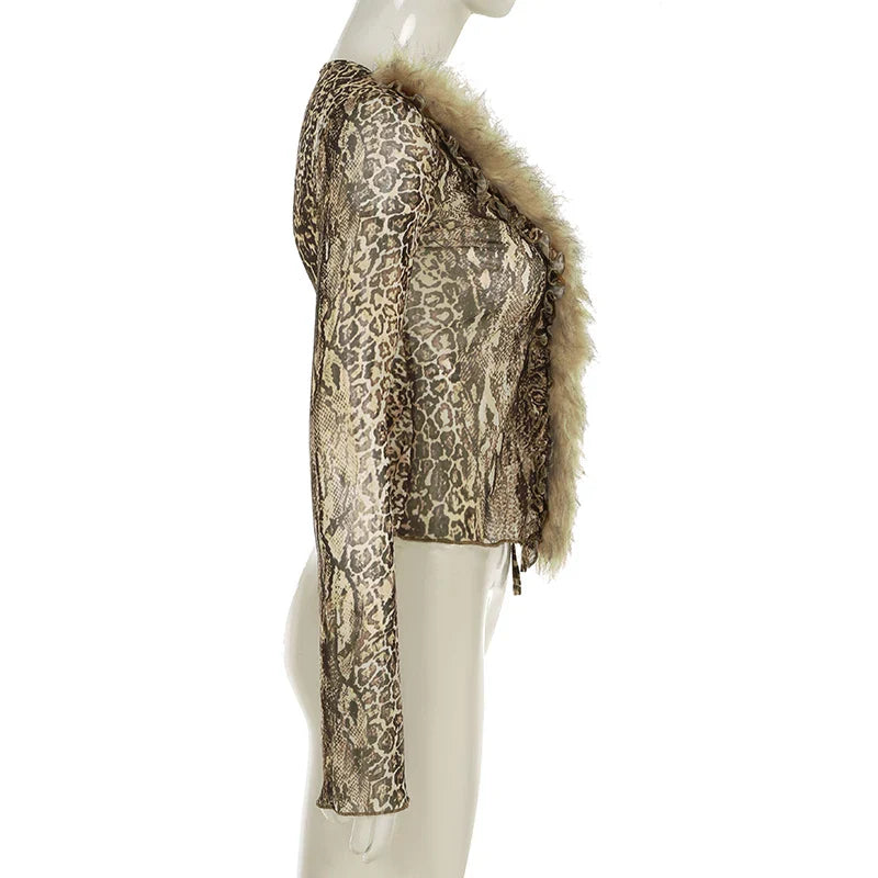 Casual Leopard Fur Trim Sheer Mesh V-Neck Long Sleeve Slim Bandage Blouse for Women