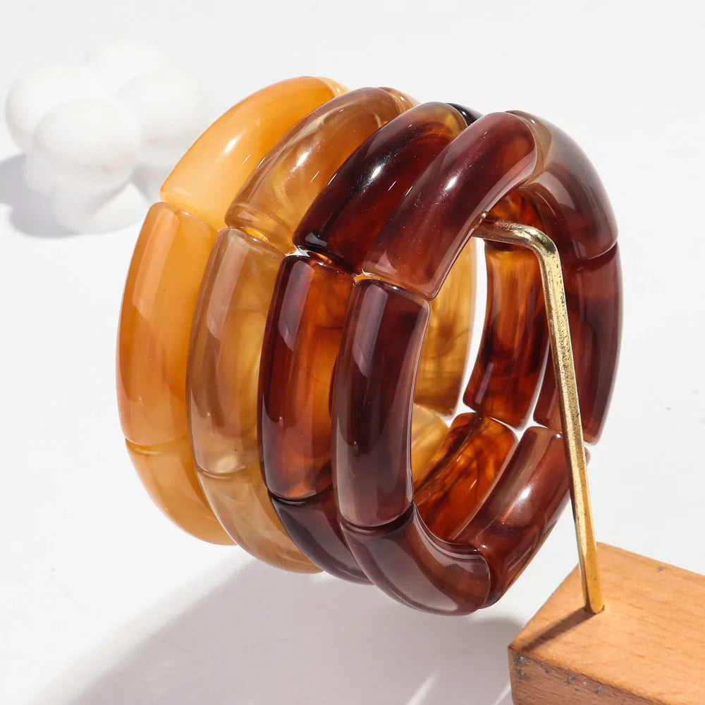 Trendy Handmade Acrylic Bamboo Bead Bracelet Set of 4 Elastic Bangles
