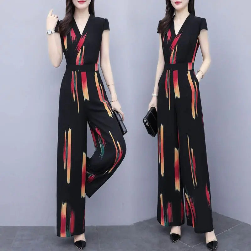 Women's Elegant V-Neck Bodysuit Jumpsuit with High Waist Wide Leg Pants Casual Printed Playsuit Romper