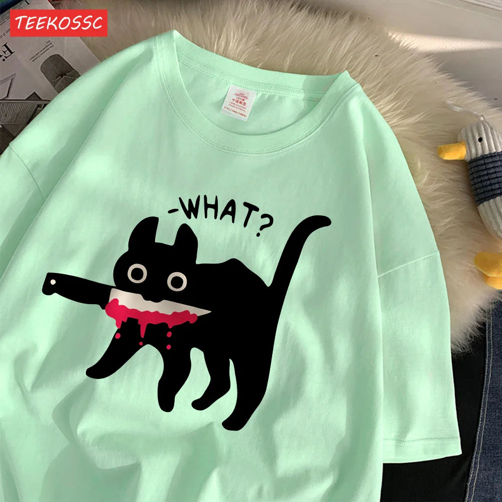 Summer Cotton Women's T-Shirts with Black Cat Print Casual Oversize O-Neck Streetwear for Daily Life and Dating