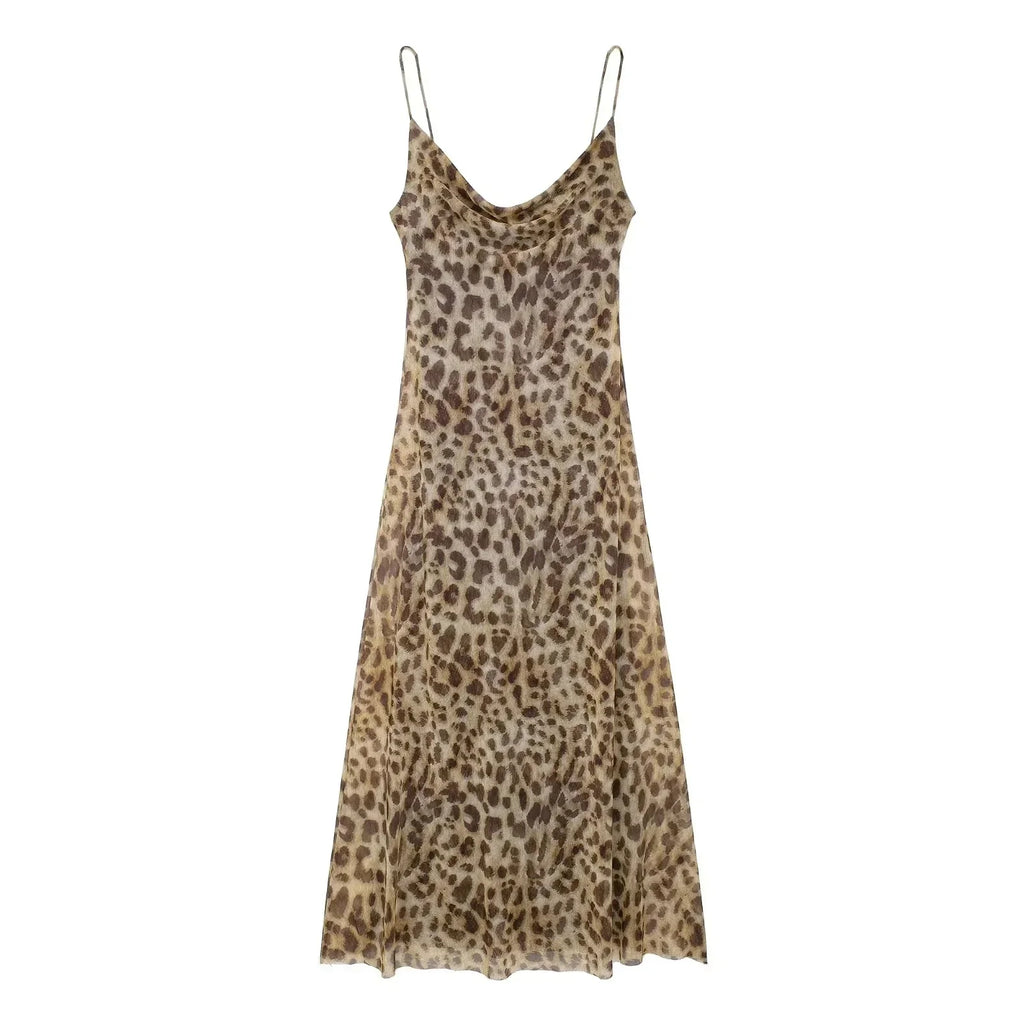 Leopard Print Maxi Dress Tulle Backless Slip for Women