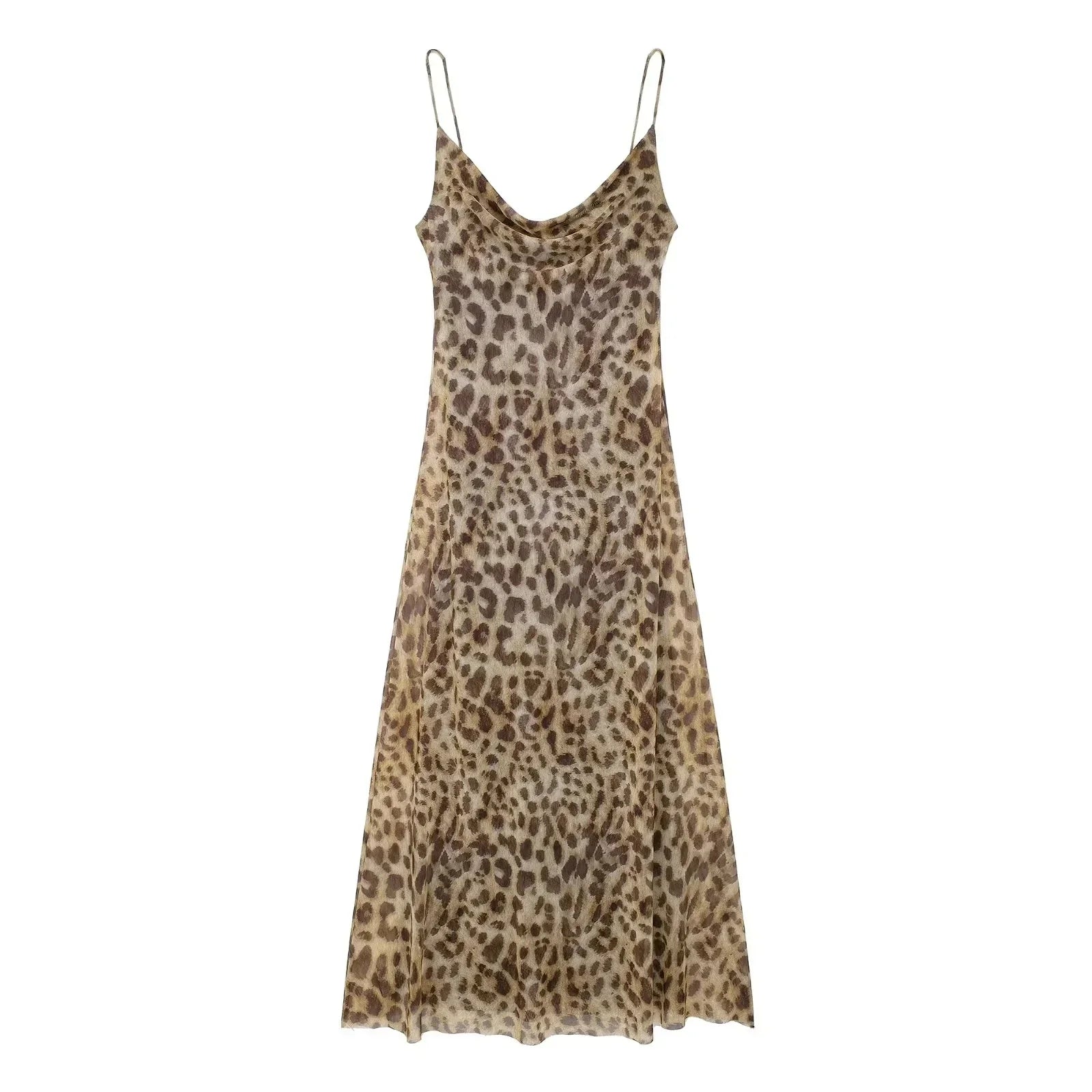 Leopard Print Maxi Dress Tulle Backless Slip for Women