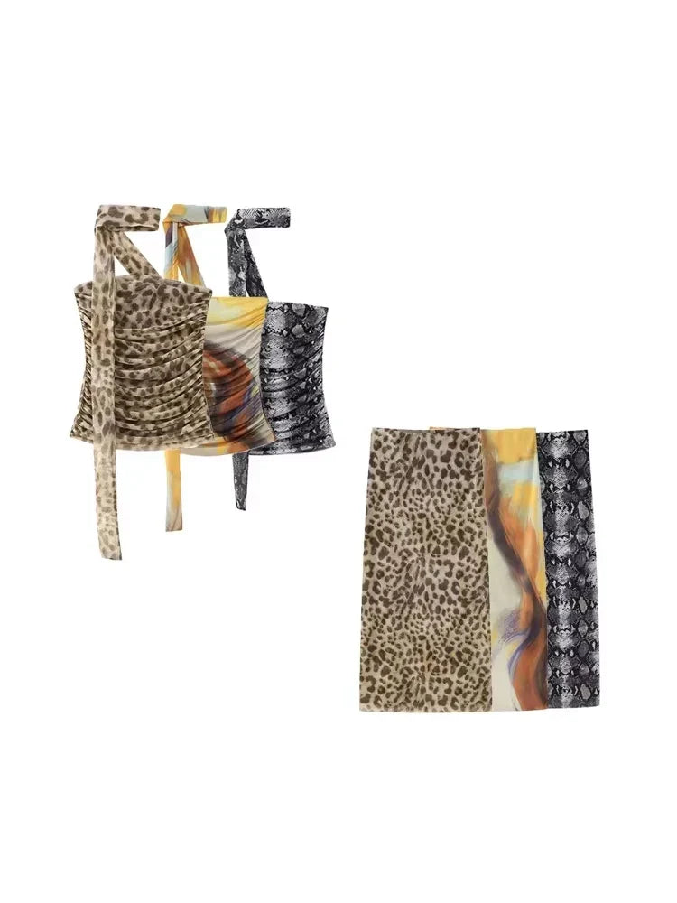 Strapless Leopard Print Tulle Draped Bustier Top with High Waist Long Skirt Two-Piece Set for Women Sexy Evening Outfit