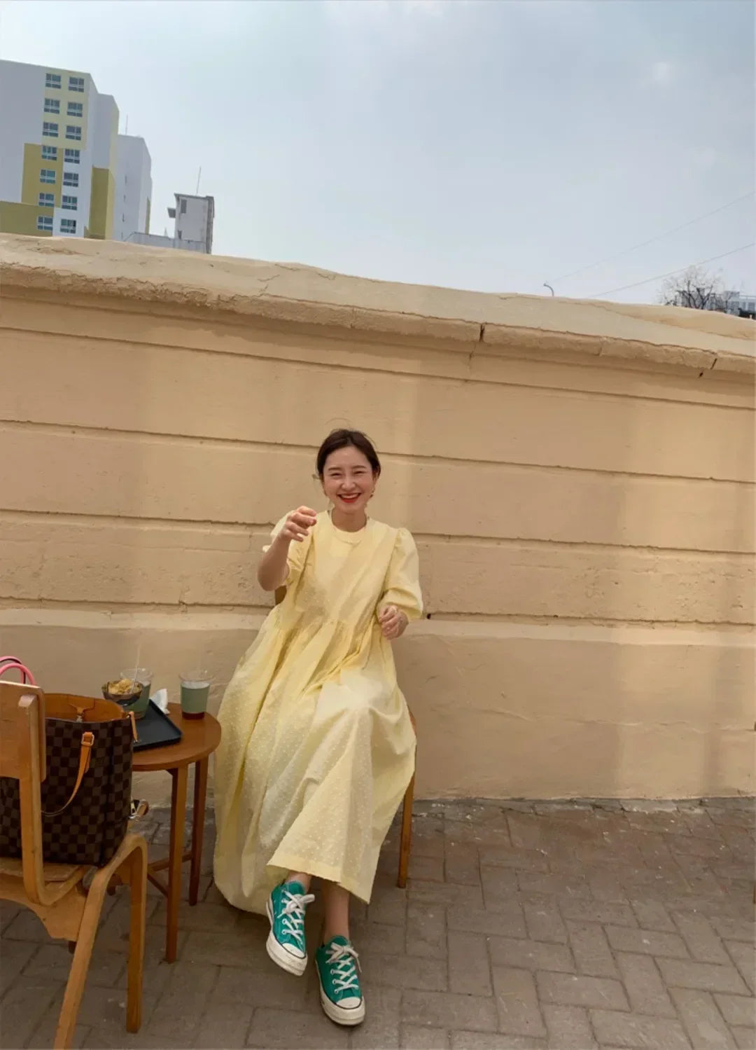 Women Polka Dot Puff Sleeve Long Dress Casual Party