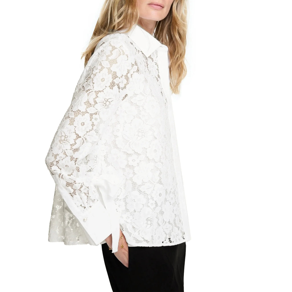 Elegant Women Blouse Lace Hollow Out V Neck Button Down Office Shirt Spring Fashion Top