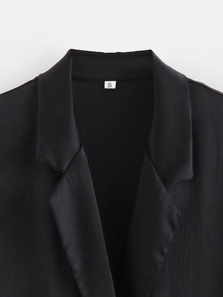 Pajama Style Women's Two Piece Set with Double-Breasted Satin Blazer and Lace Up Creased-Effect Trousers for Spring Fashion