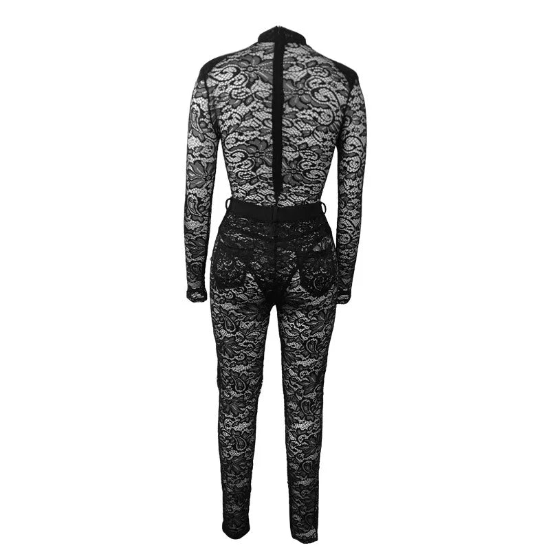 Lace Hollow Out Bodysuit and Pants Set for Women - Slim Fit Midnight Party Bodycon Outfit for Cocktail Events