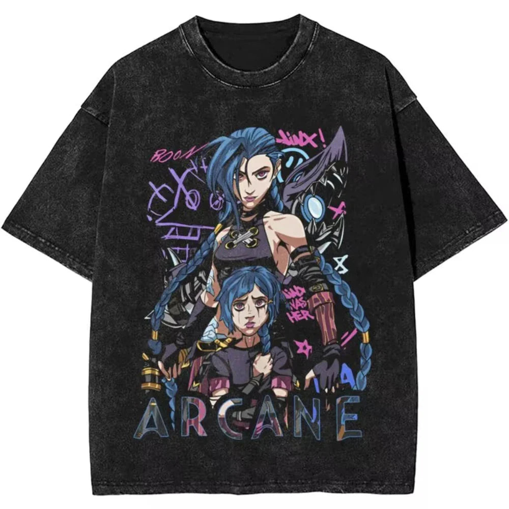 Anime Arcane Jinx Oversized Cotton T Shirt for Men and Women Summer Streetwear Tee Fans Gift
