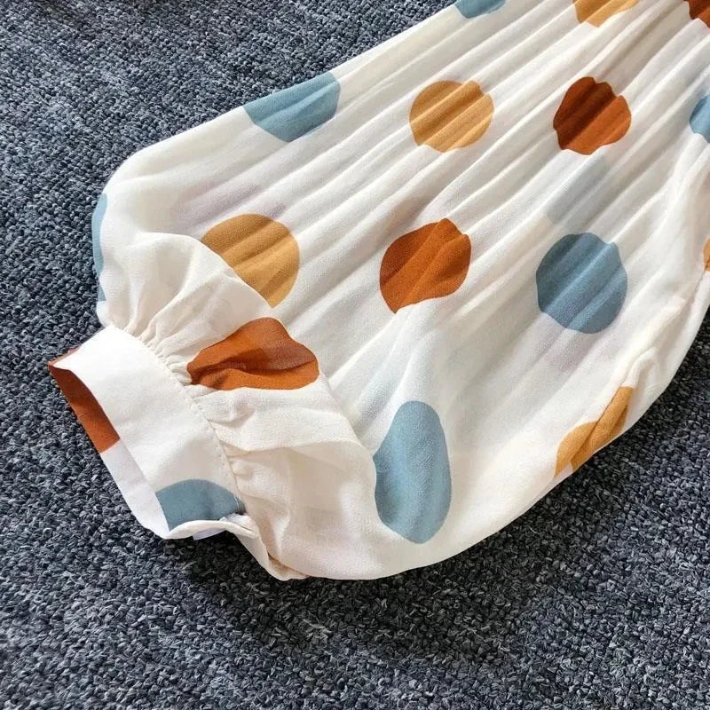 Polka Dot Casual V-Neck Chiffon Blouse with Single Breasted Button and Lantern Sleeve Folds Lightweight Women's Top