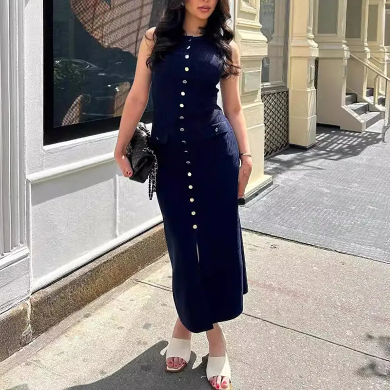 Elegant Knitted Long Summer Dress With O Neck Sleeveless