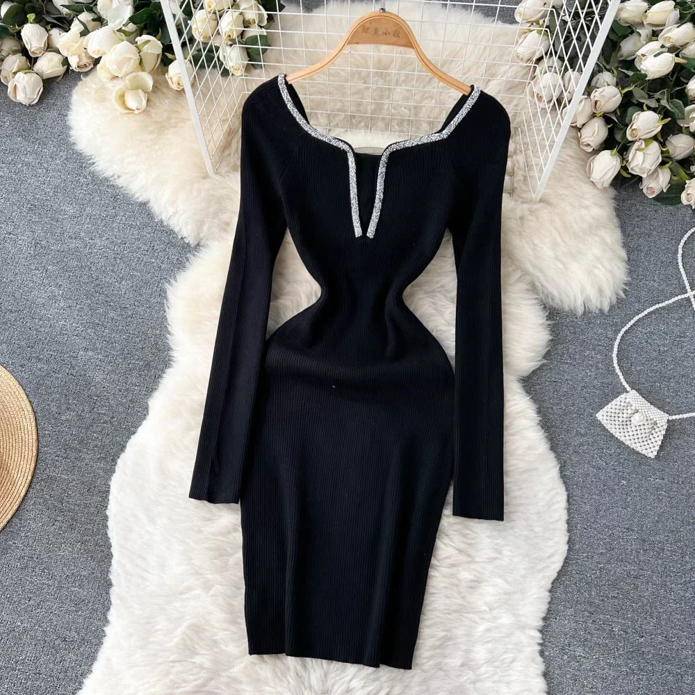 Knit Bodycon Dress For Women Long Sleeve Winter Sweater