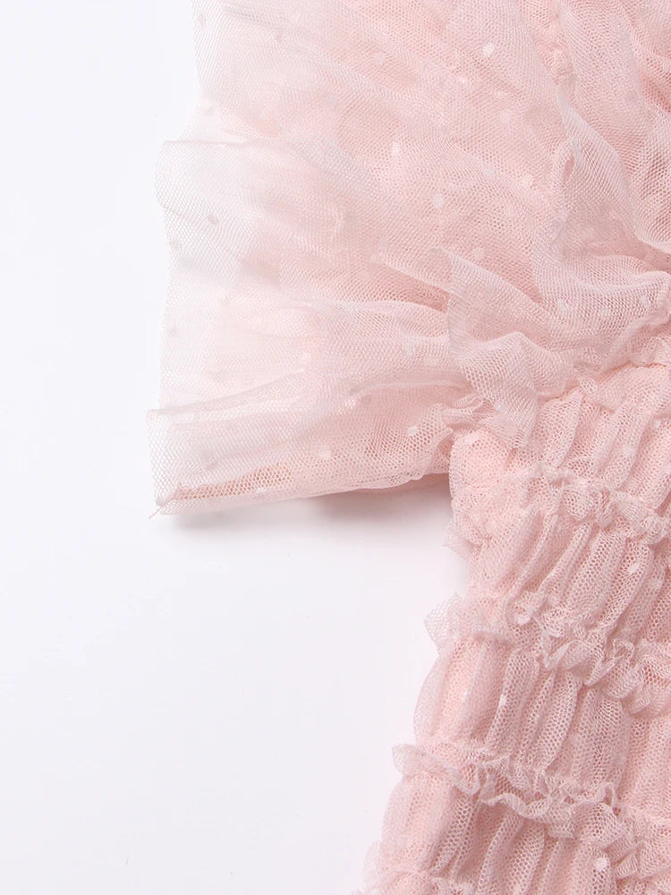 Patchwork Mesh Dress For Women High Waist Ruffled Casual