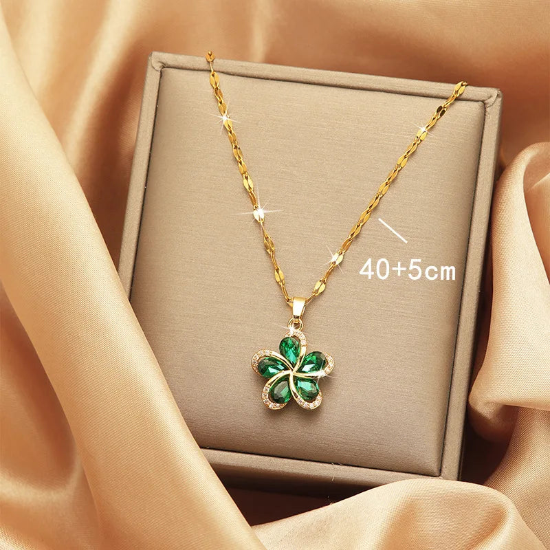 Stainless Steel Green Zircon Flower Pendant Necklace for Women Luxury Birthday Jewelry Gift