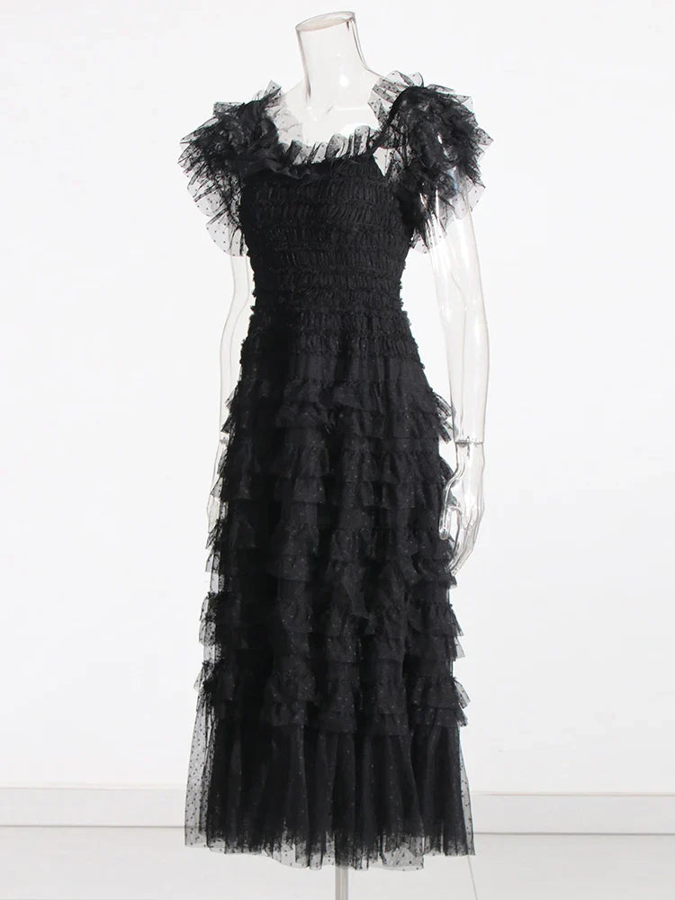 Patchwork Mesh Dress For Women High Waist Ruffled Casual