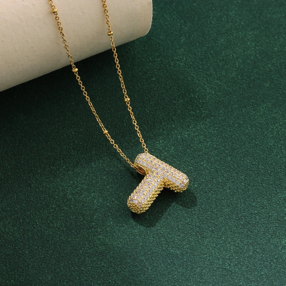 Luxury Zircon Crystal Initial Necklace for Women Stainless Steel Choker Chain Jewelry