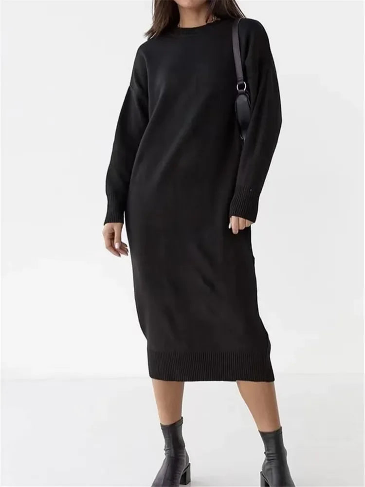 Oversize Knitted Dress for Women Long Sleeve O Neck Casual