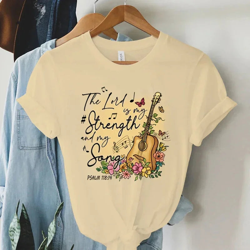 Women Vintage Boho Guitar Print Christian T-Shirt Summer Faith Tee with Bible Verse