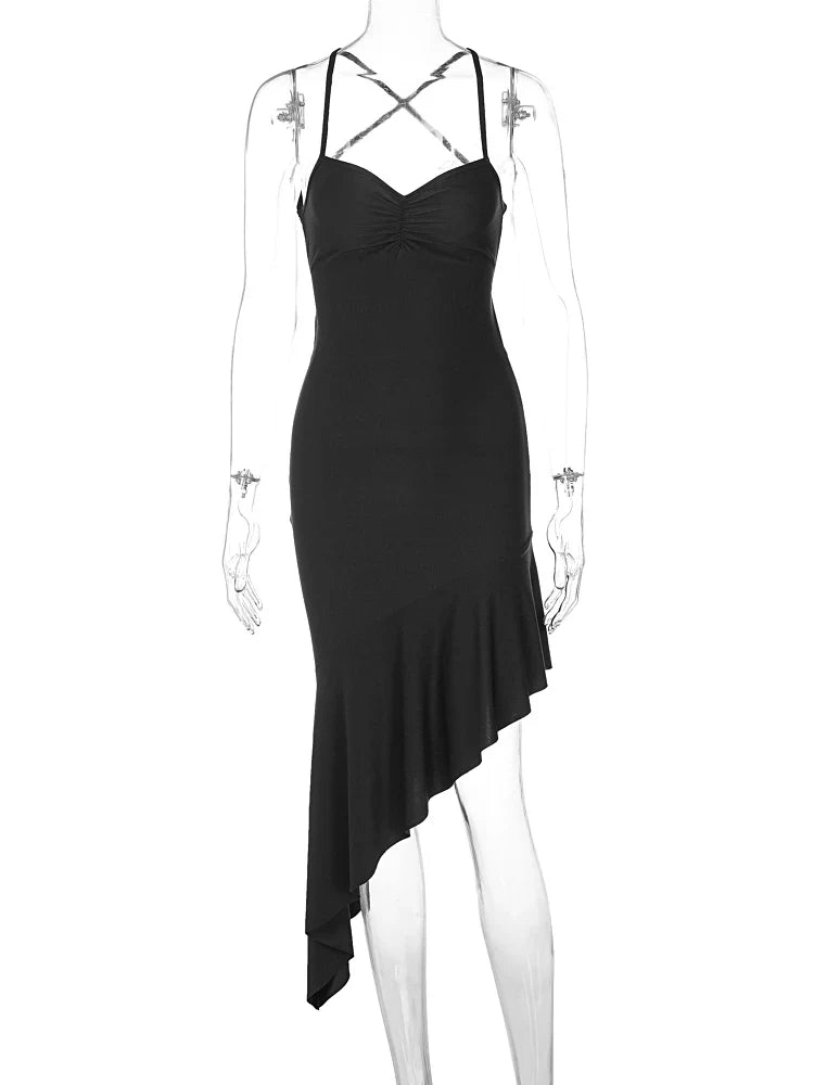 Backless Lace Up Draped Midi Dress With Square Collar