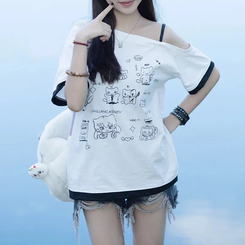 Japanese Y2K Subculture Cute Off-Shoulder White Short-Sleeved Cartoon Print Summer T-Shirt for Women