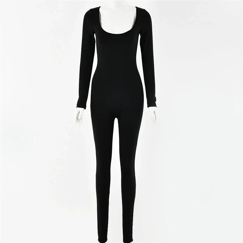 Deep Neck Long Sleeve Skinny Black Stretchy Bodycon Jumpsuit Slim Fit Autumn Winter Fashion Streetwear Romper for Women