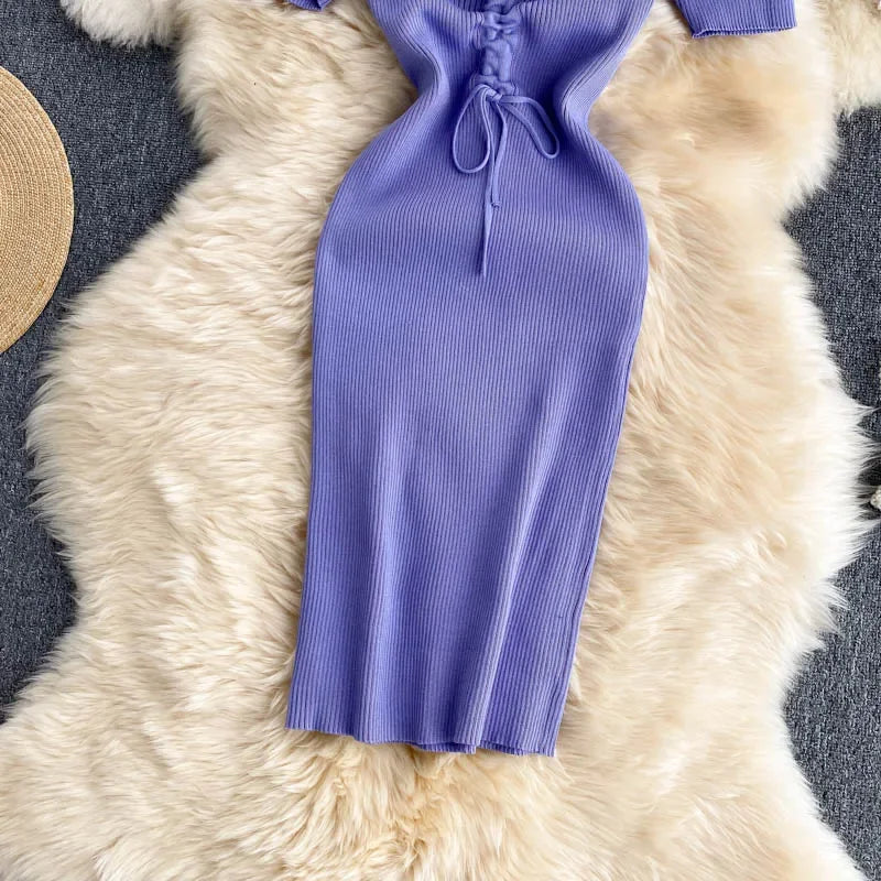 Korean Knit Bodycon Dress V Neck Drawstring Short Sleeves