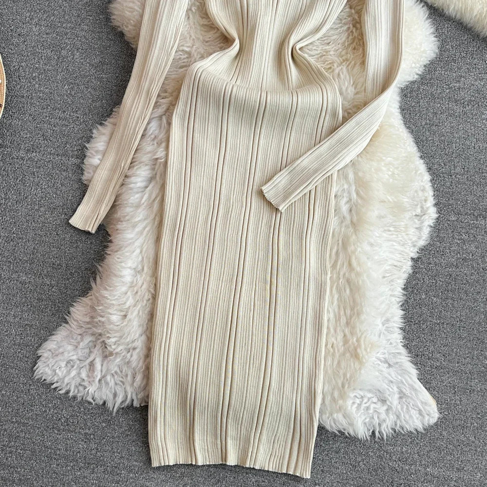 Long Sleeve Knitted Bodycon Dress For Women Autumn Retro