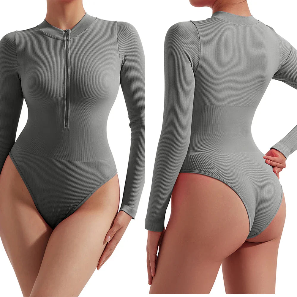 Bodycon Slim Fit Zipper Jumpsuit for Women Casual Brown Fitness Romper Streetwear Playsuit Overall