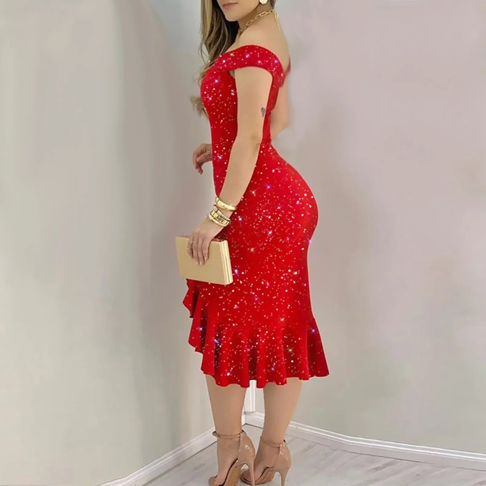 Sequin Off Shoulder Dress With Ruffle Irregular Evening Gown