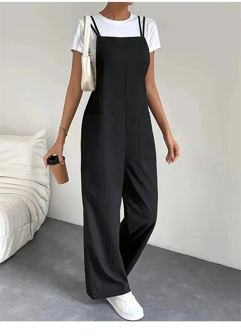 Casual Women's Pure Black Jumpsuit with Pockets and Adjustable Shoulder Straps Slim Fit Straight Leg Wide Leg Workwear Pants