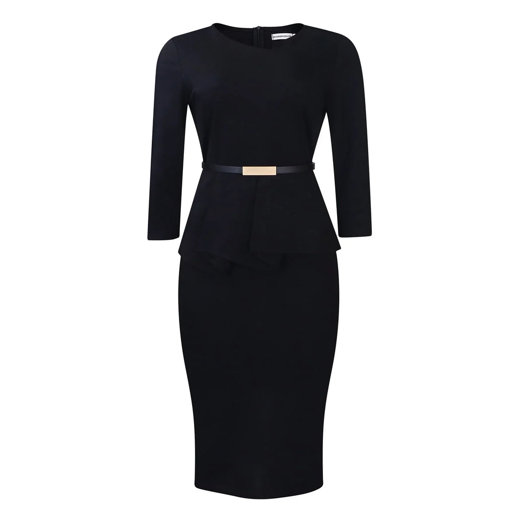 Women's Office Dress Sheath Belted Mid Calf Formal Wear