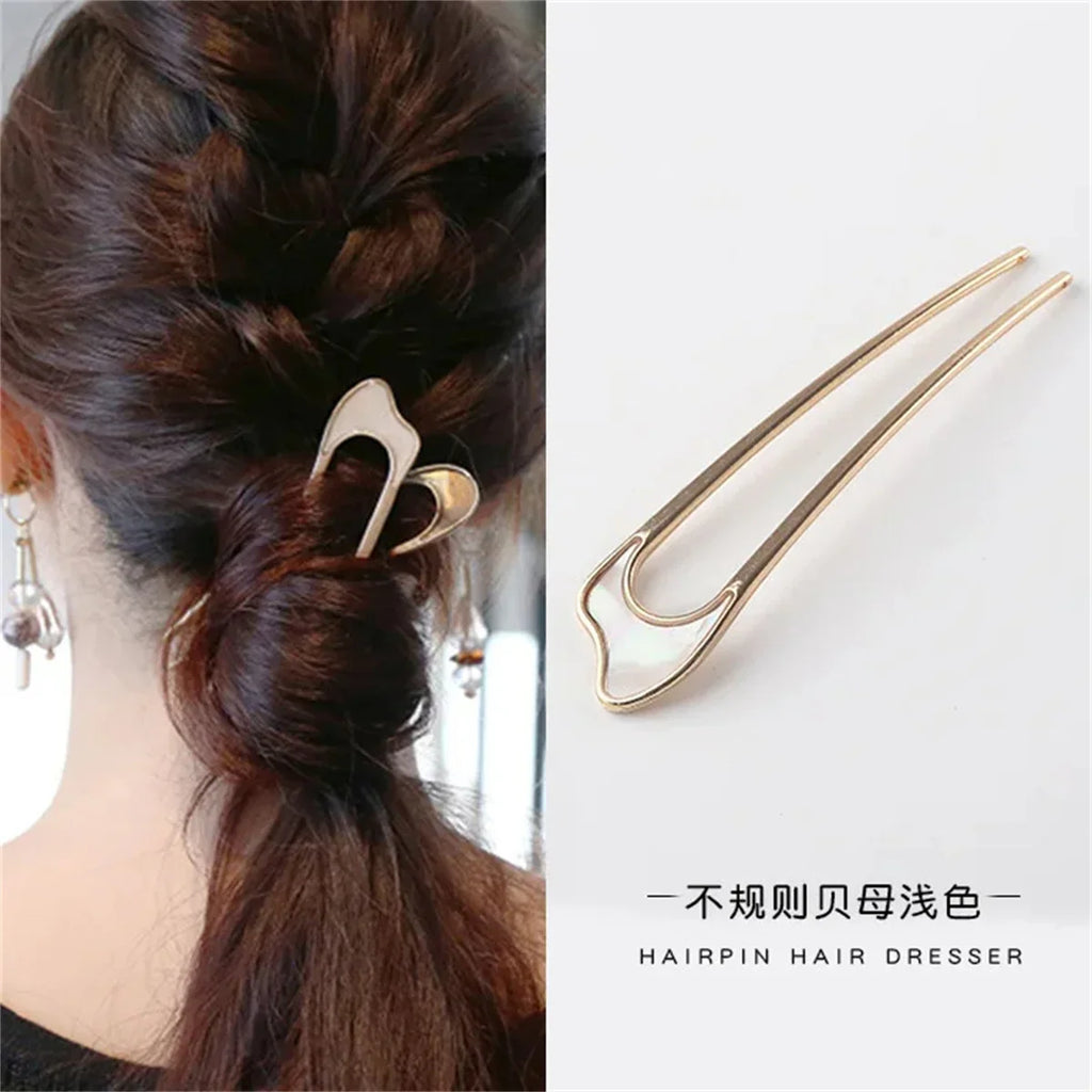 Elegant U Shape Hair Stick for Women in Silver and Gold Color with Shell Enamel Design