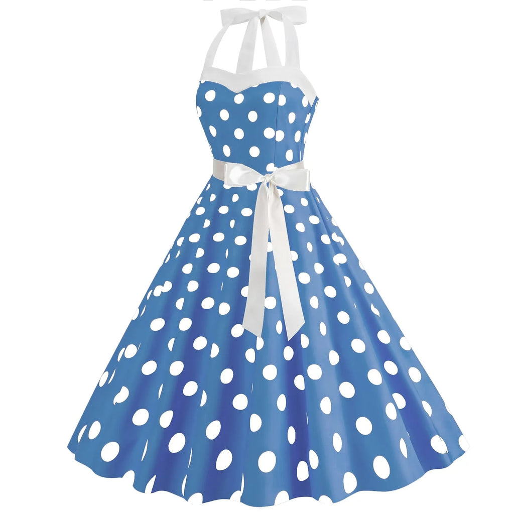 Retro Polka Dot Backless Dress With Lace Up Neckline Swing