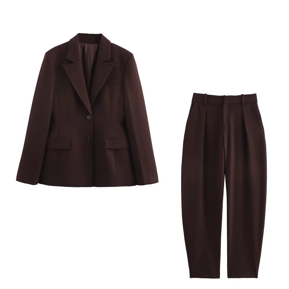 Classic Women's Suit Set Dark Brown Blazer and Tailored Trousers