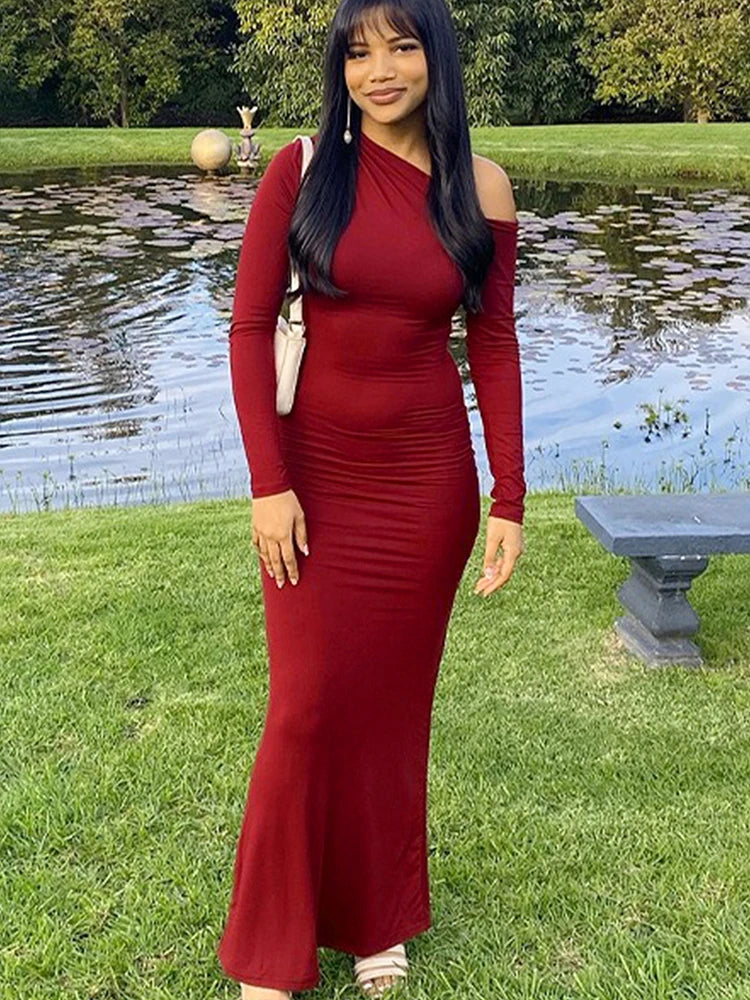 One Shoulder Red Dress Knit For Women Autumn Winter Fashion