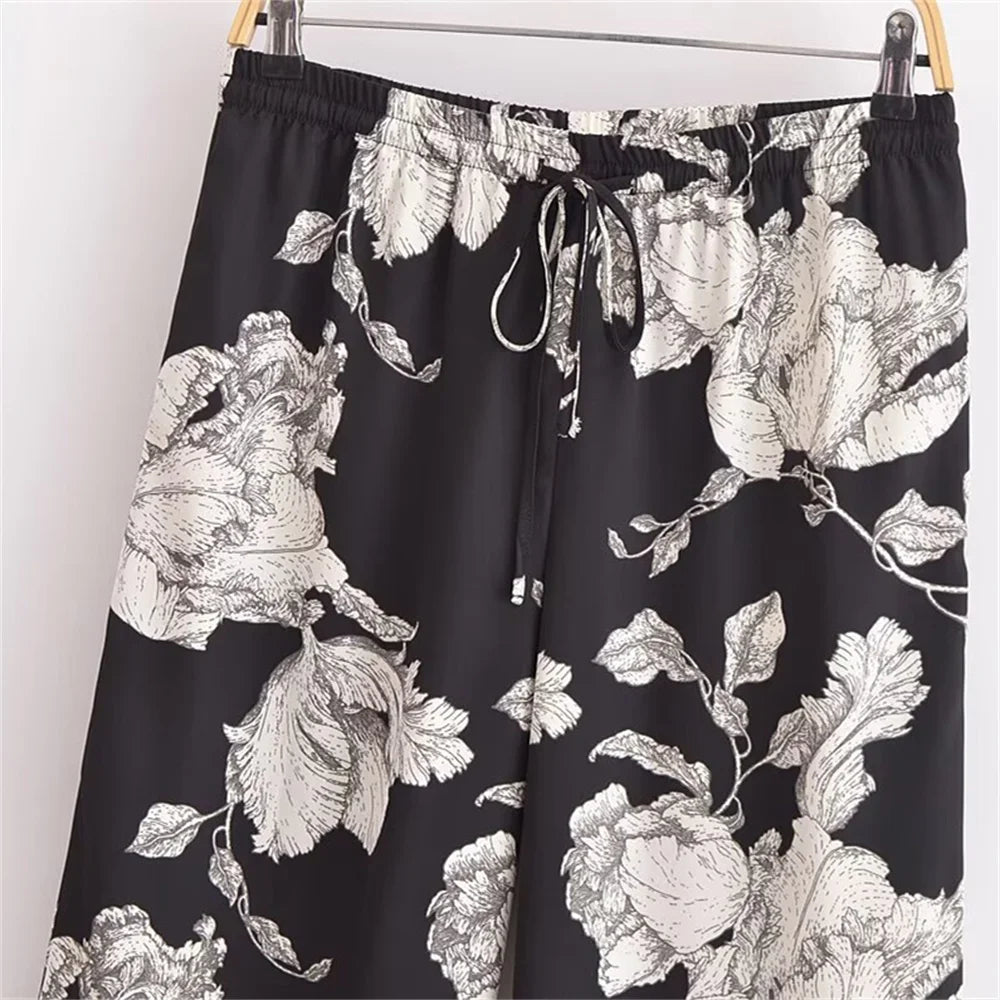 Casual Fashion Printed Collar Long Sleeve Shirt and Drawstring Pants Set for Women