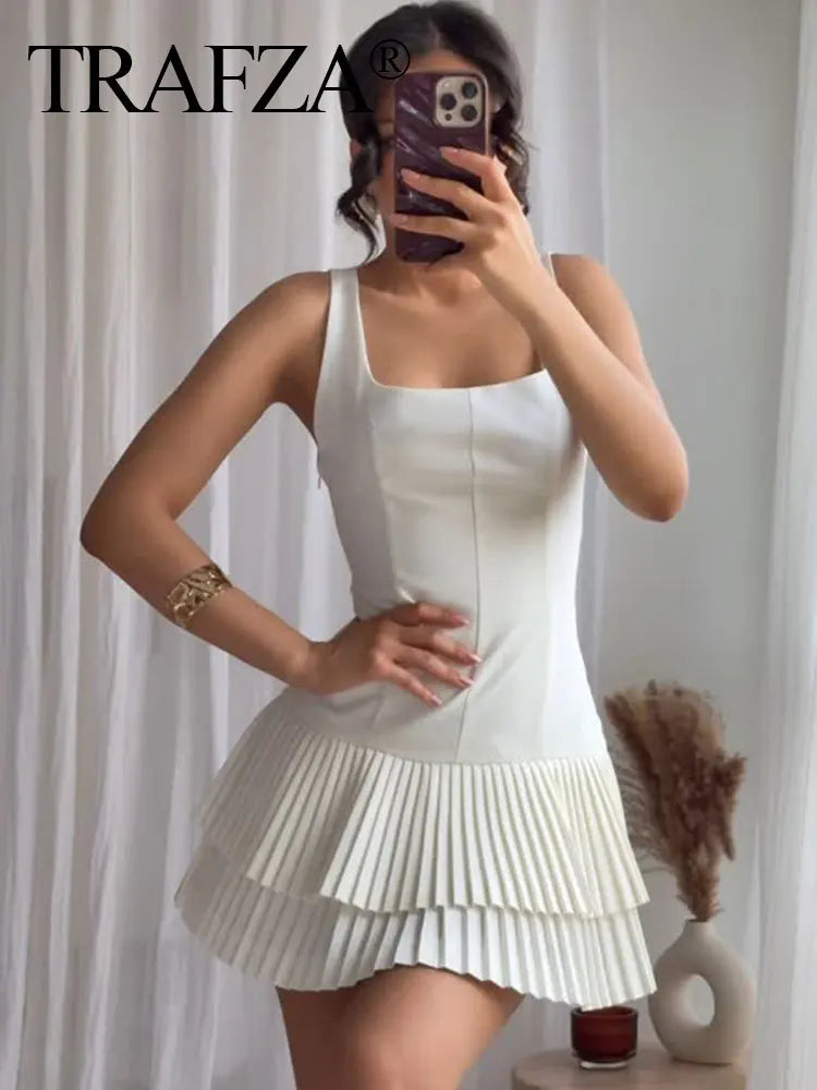 Elegant Womens Sleeveless Solid Mini Dress With Pleated Hem