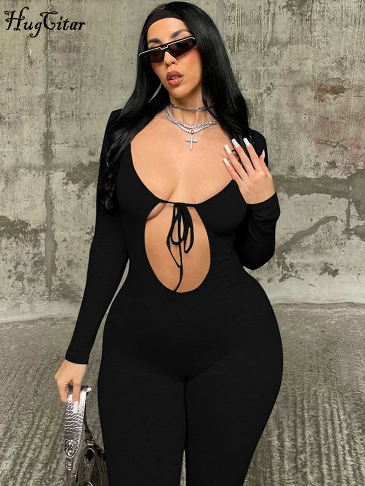 Solid V Neck Long Sleeve Hollow Out Lace Up Sexy Bodycon Jumpsuit Women's Fashion Streetwear Sporty Romper Overalls for Fall