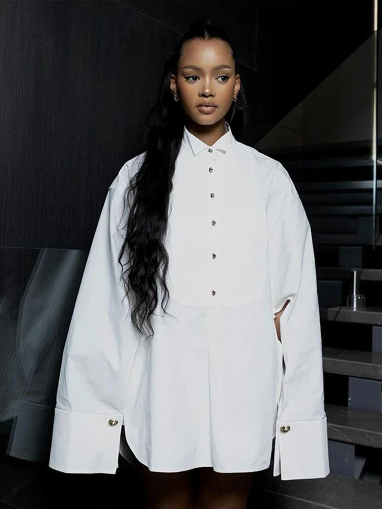 White Chiffon Shirt for Women with Lapel Collar Lantern Sleeves Single Breasted Irregular Hem Loose Fit Blouse Elegant Casual Top