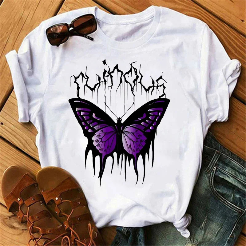 Women's Butterfly Tree Print Casual T-Shirt Round Neck Short Sleeve Summer Top