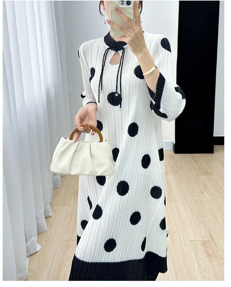 Polka Dot Pleated Dress for Women with Stand Collar