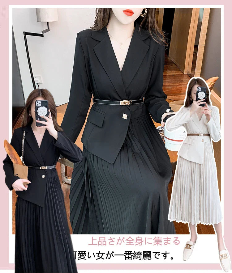 Faux Two Piece Dress With Blazer Collar Pleated Skirt