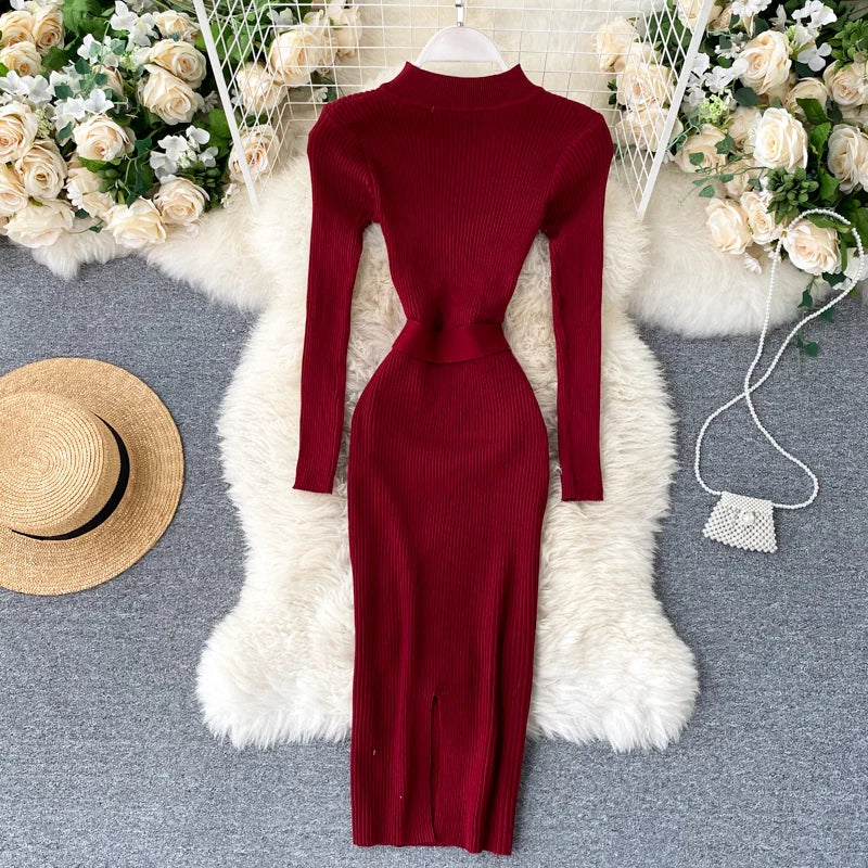 Womens Winter Knitted Dress Stand Collar With Sash Belt