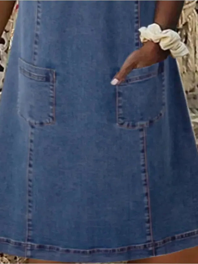 Denim Dress For Women Summer V Neck A Line Short Sleeves