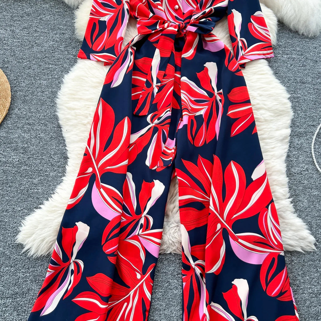 Women's Summer V-Neck Short Sleeve Lace-Up Waist Slim Fit Wide-Leg Printed Jumpsuit with Loose Straight Leg Design