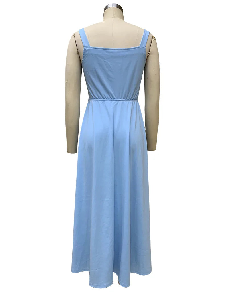 Spaghetti Strap Midi Dress With Side Slit And High Waist