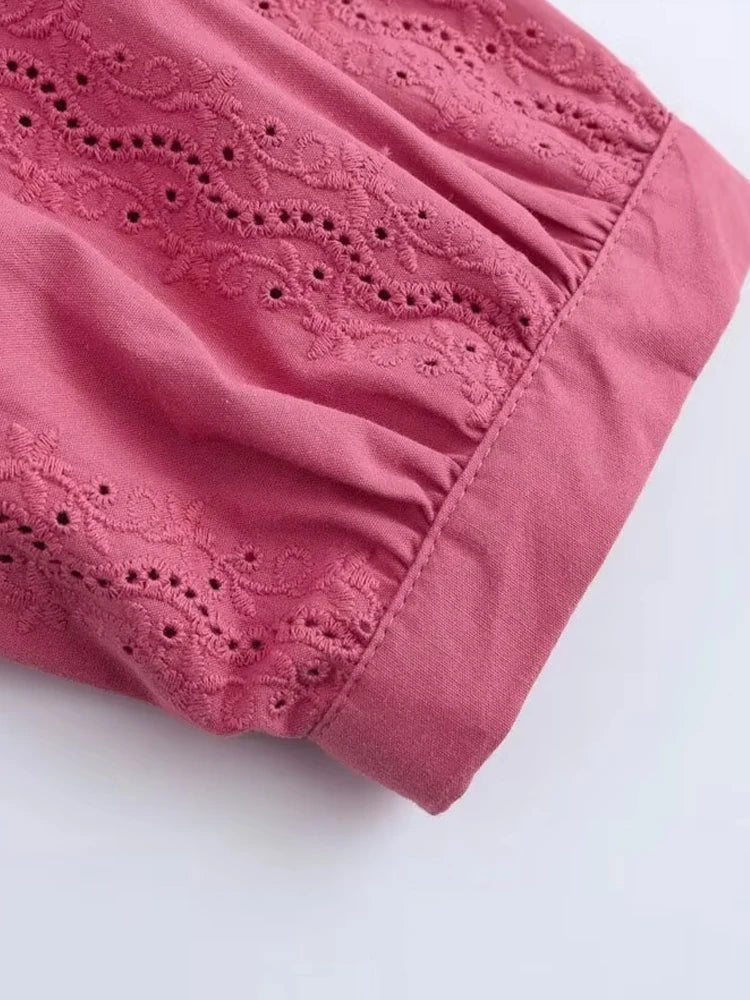 Womens Long Sleeve Cutwork Embroidery Shirt Chic Blouse with Front Covered Buttons Elegant Fashion Top